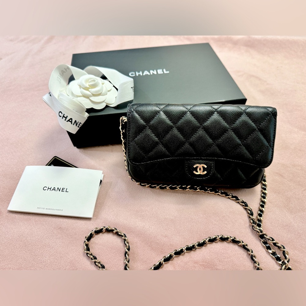 SOLD. Authentic CHANEL Black Caviar Wallet On Chain WOC Phone Holder Gold HW